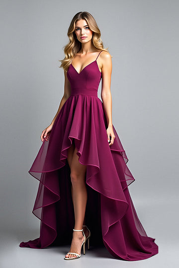 Organza violet foncé spaghetti bretelles une robe formelle ligne